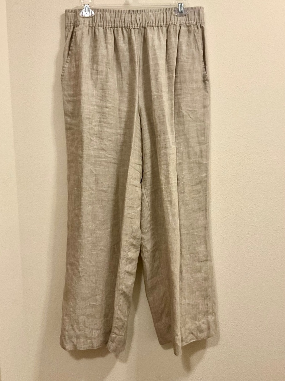 "Tahari" Womens Tan Linen Elastic Waist Wide Leg Linen Pants Sz Lg